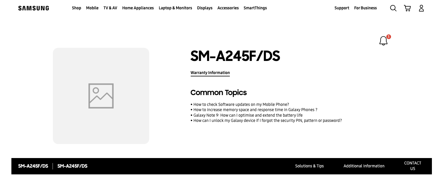 Captura de la página de soporte de Samsung donde desvela el modelo S24.