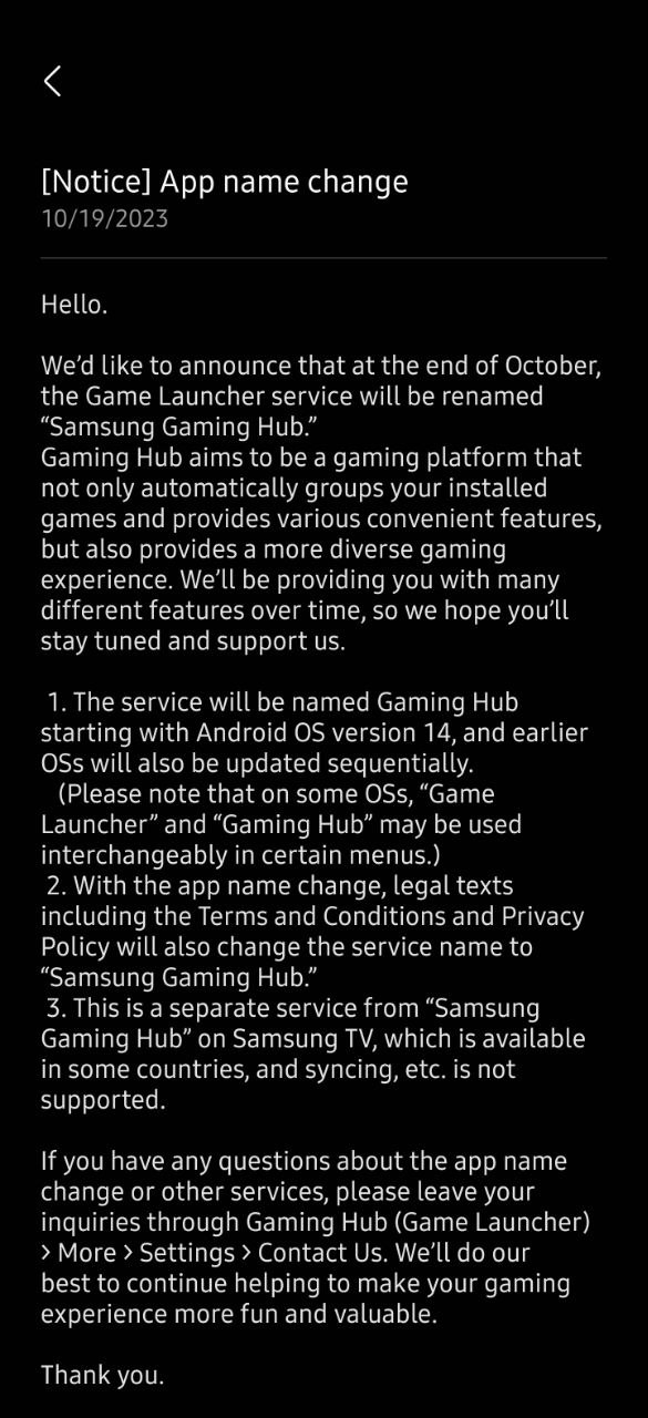 Captura del aviso de Samsung sobre el cambio de nombre.
