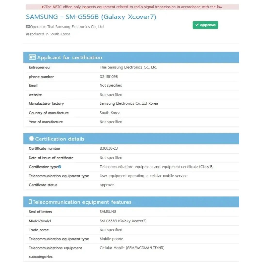 samsung galaxy xcover 7 nbtc certification
