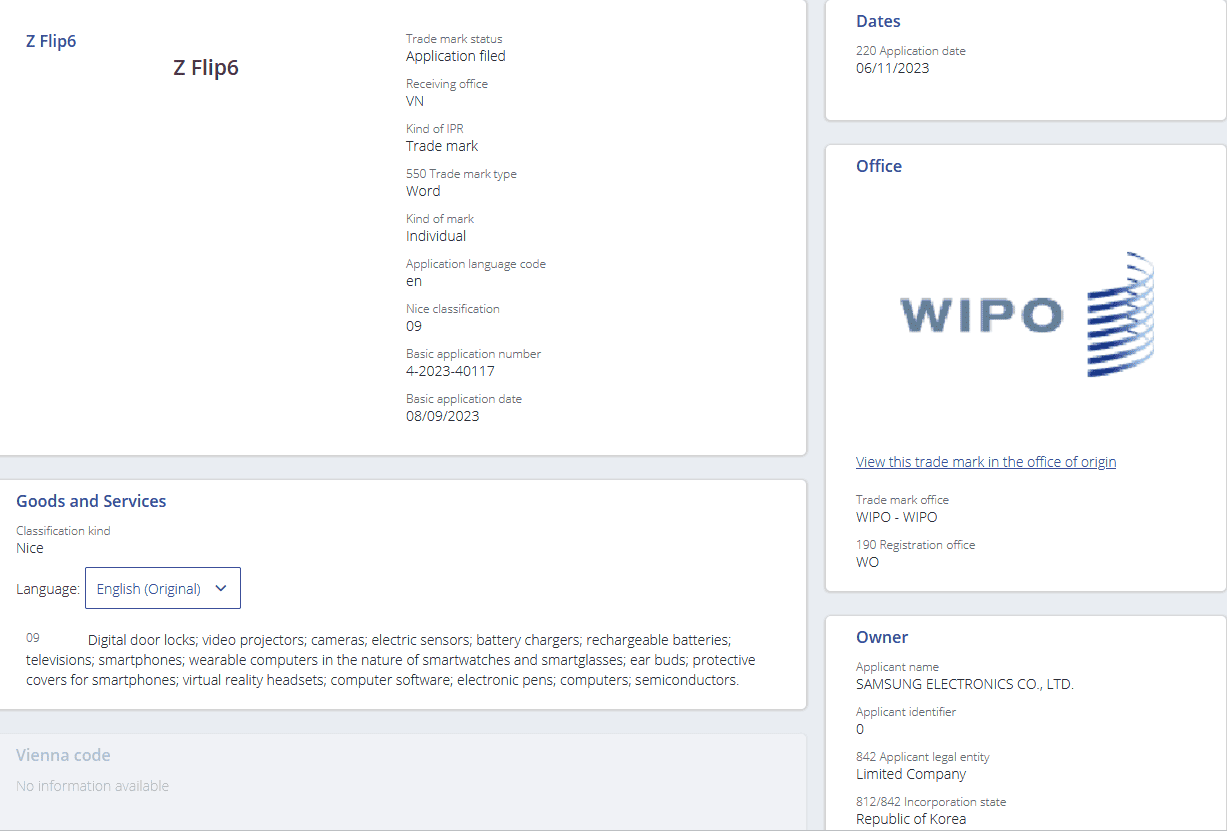 samsung z flip6 trademark wipo